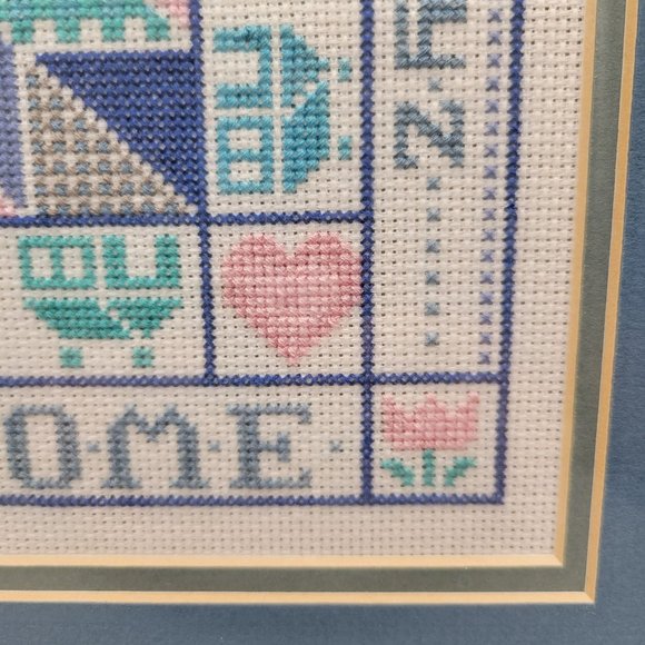 Welcome Sampler Cross Stitch Blue Pink Quilt Pattern Wood Framed - Picture 3 of 4